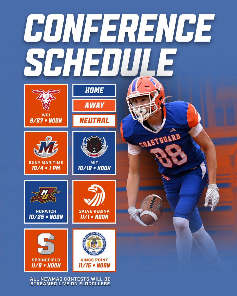 Coast Guard Bears (@cg_athletics_) on Twitter photo The 2025 <a href="/USCGA_Football/">USCGA Football</a>  season starts in T-minus one month from now! 
Special Games:
👨👩👧👦 Family Weekend: 9/13 vs. Curry
🏡 Homecoming: 9/20 vs. Nichols
⭐️ Gold Star Families: 10/18 vs. MIT
🏙️ CommUNITY Day: 10/25 vs. Norwich
#SemperP #StaySleuthy #GoBears The 2025 <a href="/USCGA_Football/">USCGA Football</a>  season starts in T-minus one month from now! 
Special Games:
👨👩👧👦 Family Weekend: 9/13 vs. Curry
🏡 Homecoming: 9/20 vs. Nichols
⭐️ Gold Star Families: 10/18 vs. MIT
🏙️ CommUNITY Day: 10/25 vs. Norwich
#SemperP #StaySleuthy #GoBears
