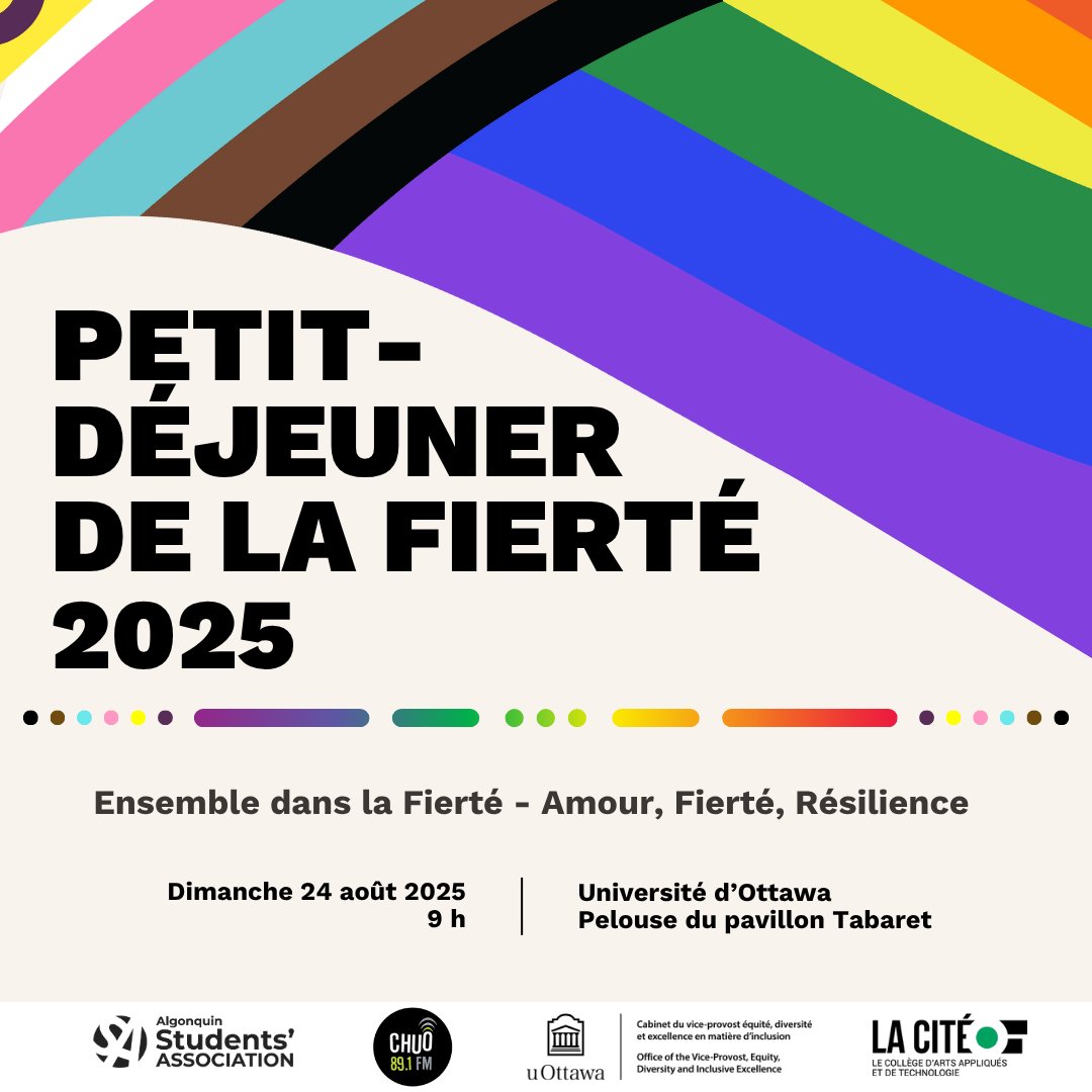 Université d'Ottawa | University of Ottawa (@uottawa) on Twitter photo Préparez-vous à célébrer la Fierté!
Joignez-vous à nous pour une matinée haute en couleur sous le signe du plaisir, de la célébration et de la solidarité, organisée en l’honneur des communautés 2ELGBTQIA+.
uottawa.ca/fr/events-all/…
<a href="/AlgonquinColleg/">Algonquin College</a> <a href="/CollegeLaCite/">LA CITÉ</a> <a href="/uOttawaEDI/">EDI @ uOttawa</a> Préparez-vous à célébrer la Fierté!
Joignez-vous à nous pour une matinée haute en couleur sous le signe du plaisir, de la célébration et de la solidarité, organisée en l’honneur des communautés 2ELGBTQIA+.
uottawa.ca/fr/events-all/…
<a href="/AlgonquinColleg/">Algonquin College</a> <a href="/CollegeLaCite/">LA CITÉ</a> <a href="/uOttawaEDI/">EDI @ uOttawa</a>