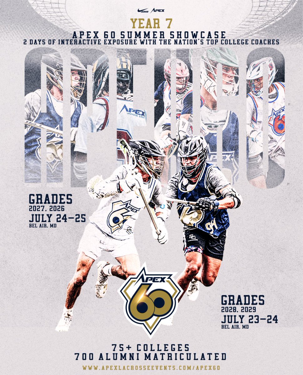 Grateful to receive an invite to the 2026 Apex 60 Summer Finale Showcase from @ApexLacrosse. Excited for the opportunity to compete in front of so many college coaches. Time to put in work. #Apex60 #ApexLacrosse