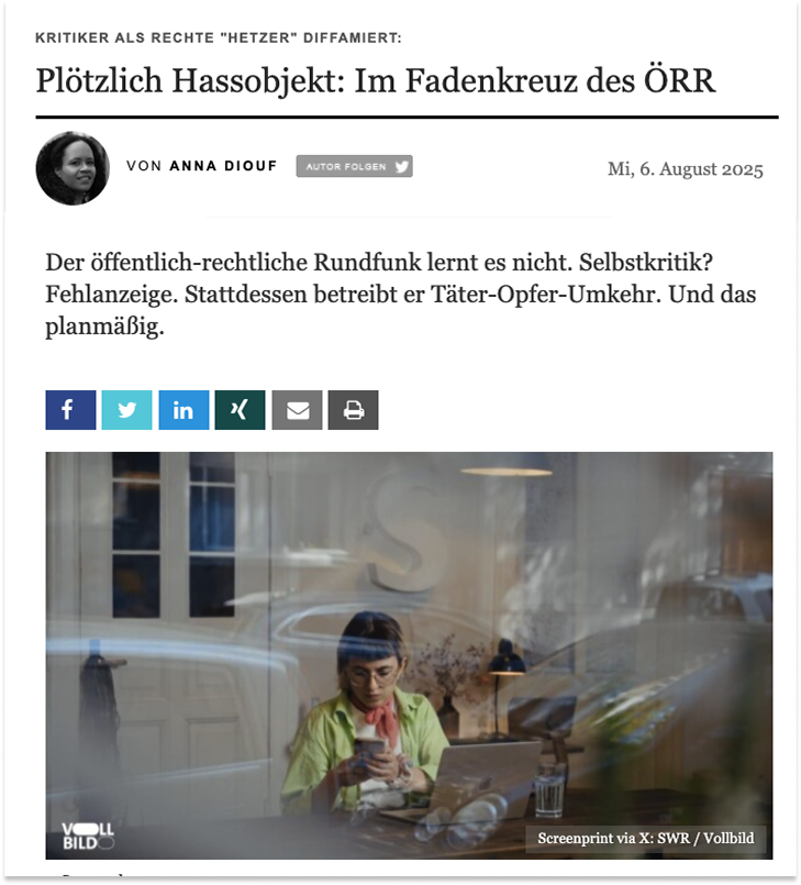 Critical Cat | (@critical__cat) on Twitter photo Wie der ÖRR mich zum "Hassobjekt" degradieren will, obwohl er mir eigentlich dankbar sein sollte, da ich ihn auf Fehler im Programm hinweise. Exzellente Analyse von <a href="/Anne_de_Cologne/">Anna Diouf</a> bei <a href="/TichysEinblick/">Tichys Einblick</a>.
Link zum Artikel im Kommentar 👇 Wie der ÖRR mich zum "Hassobjekt" degradieren will, obwohl er mir eigentlich dankbar sein sollte, da ich ihn auf Fehler im Programm hinweise. Exzellente Analyse von <a href="/Anne_de_Cologne/">Anna Diouf</a> bei <a href="/TichysEinblick/">Tichys Einblick</a>.
Link zum Artikel im Kommentar 👇