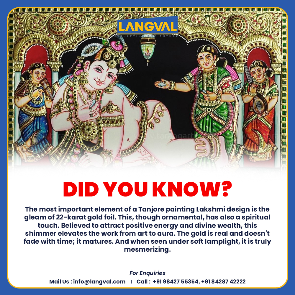 Langvalinfra's tweet image. ✨Did You Know✨
Tanjore paintings are more than just art – they radiate grandeur and spiritual charm. Crafted with 22-karat gold foil, every Lakshmi design reflects positive energy and divine wealth.
#TanjorePainting #Langval #DivineArt #GoldFoilArt #IndianTradition #Culture
