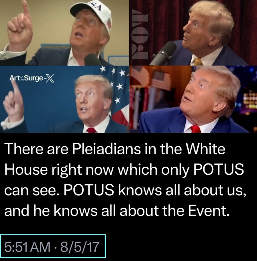 Kabamur's tweet photo. The "mystery drones" and all UFOs peacefully trying to be seen are Galactic Federation.

Connect the dots:

2017 - I joined social media to talk about Galactic Federation, Trump's Pleiadian contact, and how their crafts partially blend with human aircraft to be seen without causing fear. 

2020 - A high-level space insider disclosed that Trump was in contact with Galactic Federation and that they told him to wait for disclosure until people were ready.

2024 - Mass sightings of the same "drones" seen over military bases for years began over Trump's NJ property. Trump dared Biden's military to shoot them down.

2025 - Trump confirmed the drones aren't a threat and said they're here for "research and various other reasons". He almost said that he's not allowed to talk about it.

There is only one explanation.