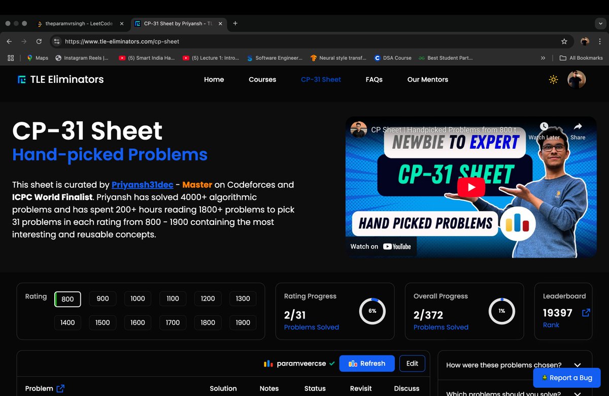 Theparamvrsingh's tweet image. Day 52–59/60 | Jul 29 – Aug 5
Consistency > Everything 💯
🔹 190+ LeetCode Qs ✅
🔹 Codeforces grind + CP31 sheet started 🔁
🔹 Strong DSA base: Arrays, Trees, Graphs, DP 💪
🔹 Striver Sheet ~70% — almost there 🏁
One day to go 🚀
#DSA #CodingJourney #LeetCode