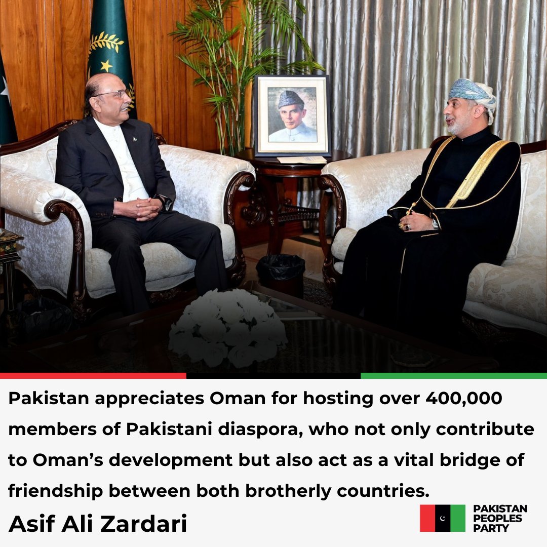PPP (@mediacellppp) on Twitter photo The Ambassador of Sultanate of Oman to Pakistan, Mr Fahad Sulaiman Khalaf Alkharusi, called on President <a href="/AAliZardari/">AsifAliZardari</a> at Aiwan‑e‑Sadr and discussed ways to further promote bilateral cooperation.
Read More: ppp.org.pk/pr/34415/ The Ambassador of Sultanate of Oman to Pakistan, Mr Fahad Sulaiman Khalaf Alkharusi, called on President <a href="/AAliZardari/">AsifAliZardari</a> at Aiwan‑e‑Sadr and discussed ways to further promote bilateral cooperation.
Read More: ppp.org.pk/pr/34415/