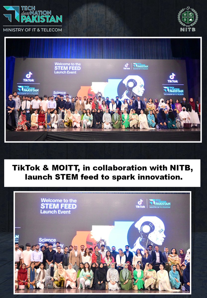 NationalITBoard's tweet photo. TikTok STEM Feed launched in Pakistan with @MoitOfficial & @NationalITBoard.
Federal Minister for IT & Telecom Ms. @ShazaFK highlights govt's tech vision for youth.
Accessible STEM content now live!
#TikTok #tiktokpakistan #STEMeducation #STEMFEED #DigitalPakistan https://t.co/qXnMTDV7Y9