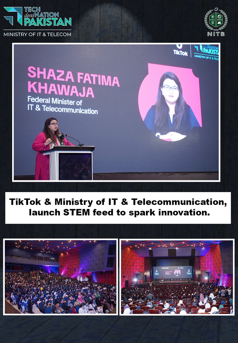 NationalITBoard's tweet photo. TikTok STEM Feed launched in Pakistan with @MoitOfficial & @NationalITBoard.
Federal Minister for IT & Telecom Ms. @ShazaFK highlights govt's tech vision for youth.
Accessible STEM content now live!
#TikTok #tiktokpakistan #STEMeducation #STEMFEED #DigitalPakistan https://t.co/qXnMTDV7Y9