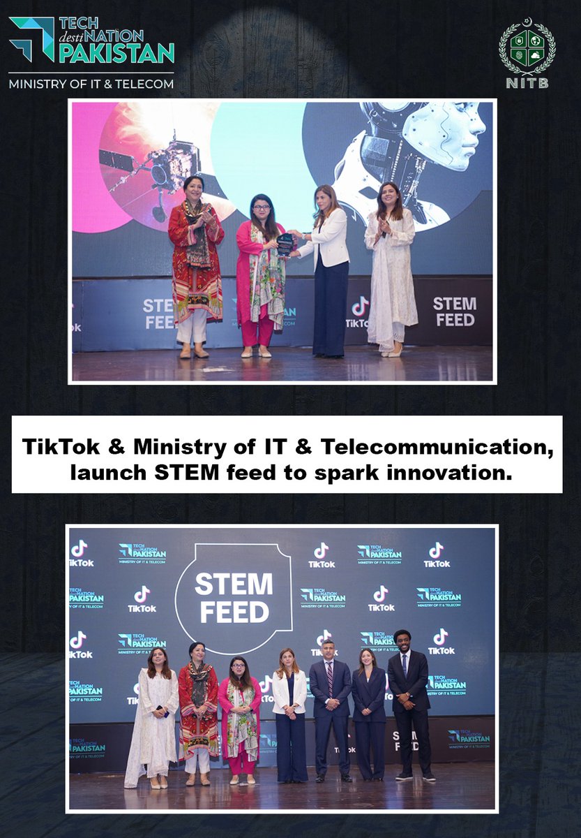 NationalITBoard's tweet photo. TikTok STEM Feed launched in Pakistan with @MoitOfficial & @NationalITBoard.
Federal Minister for IT & Telecom Ms. @ShazaFK highlights govt's tech vision for youth.
Accessible STEM content now live!
#TikTok #tiktokpakistan #STEMeducation #STEMFEED #DigitalPakistan https://t.co/qXnMTDV7Y9