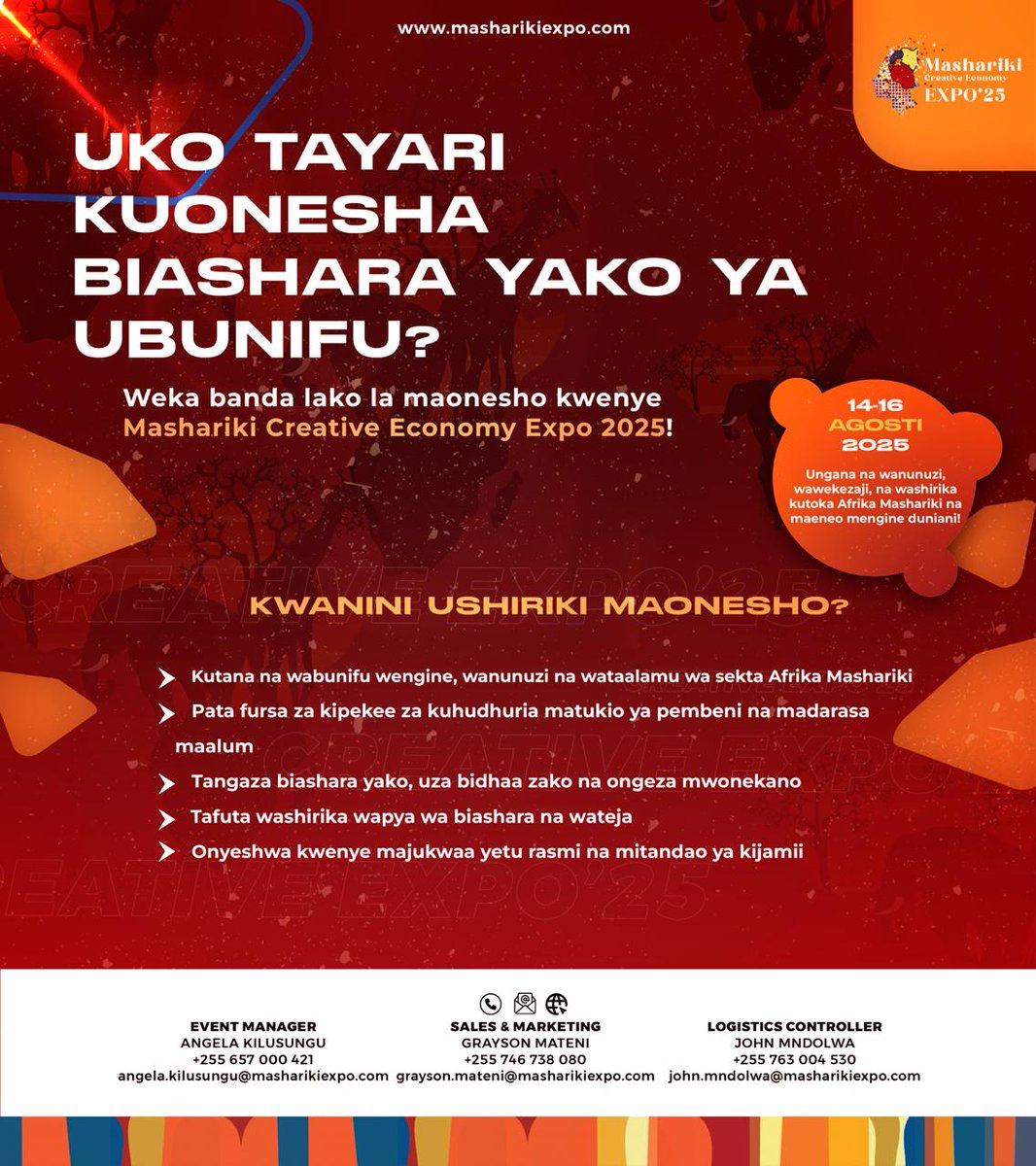McinikaWaLamar's tweet photo. 𝐎𝐧𝐲𝐞𝐬𝐡𝐚 𝐔𝐛𝐮𝐧𝐢𝐟𝐮 𝐖𝐚𝐤𝐨 𝐊𝐰𝐚 𝐃𝐮𝐧𝐢𝐚

Tarehe 14–16 Agosti pale Mlimani City, Mashariki Creative Economy Expo 2025 inakupa jukwaa la kukutana na wanunuzi, wawekezaji na washirika kutoka Afrika Mashariki na nchi mbali mbali 

Kwanini ushiriki haya maonesho?
1. Fursa za kipekee za biashara na mitandao ya kitaalamu
2. Nafasi ya kutangaza bidhaa na kuongeza mwonekano
3. Madarasa na matukio maalum ya kukuza ujuzi

📌 Usikose! Jisajili sasa  https://t.co/H82iHL8HCr

#MasharikiExpo25