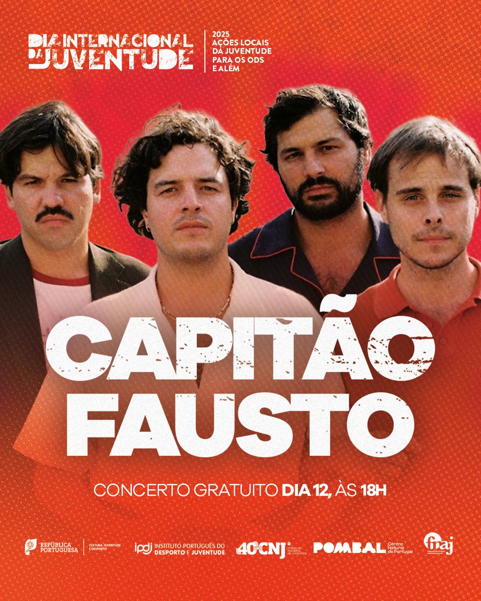 IPDJ_IP's tweet photo. Capitão Fausto ao vivo no Dia Internacional de Juventude!
 12 de agosto | Parque Verde do Açude - Pombal
 Entrada livre
Vem celebrar o Dia Internacional de Juventude… ao som da Subida Infinita.
#CapitãoFausto #DIJ2025 #SubidaInfinita #Pombal https://t.co/dYiKU2Nbyc