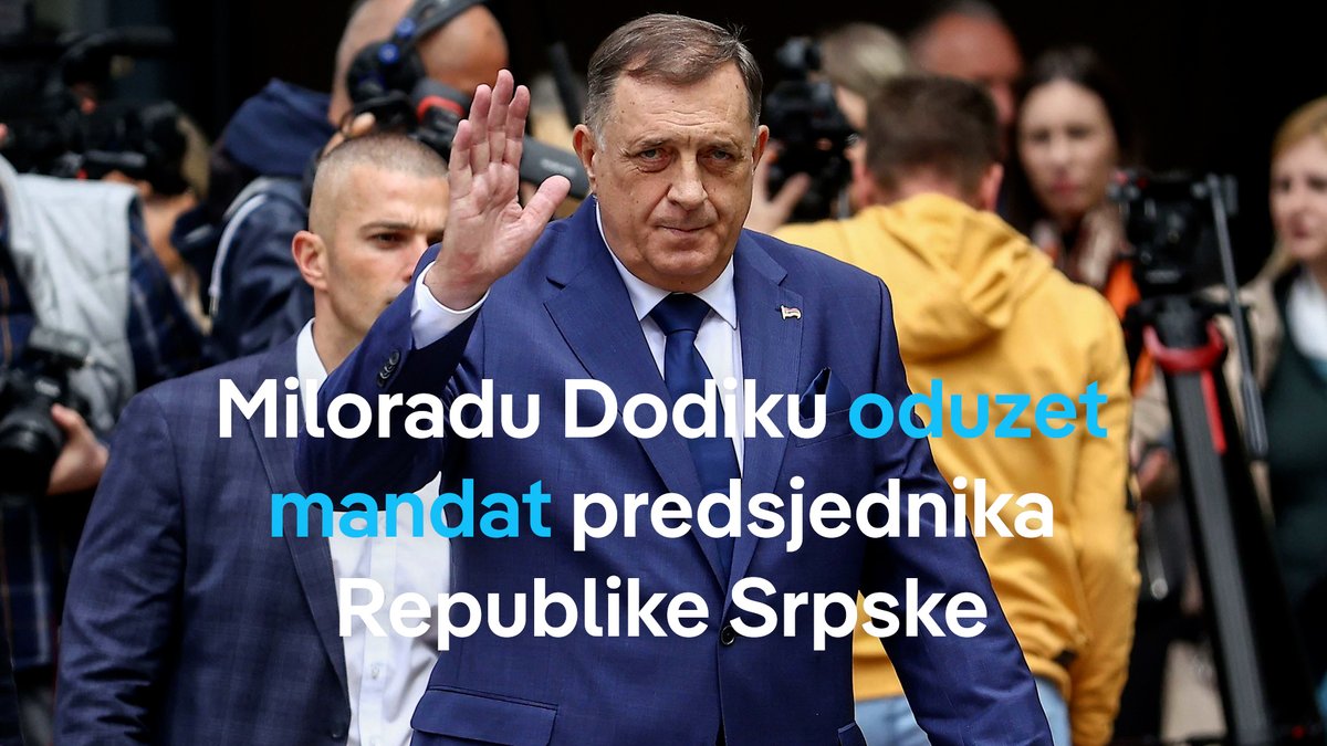 dw_balkan's tweet image. #CIK Centralna izborna komisija #BiH jednoglasno je donijela odluku o oduzimanju mandata predsjednika Republike Srpske Miloradu Dodiku  @MiloradDodik  . Odluka dolazi nakon što je Dodik pravosnažno osuđen na godinu zatvora i šest godina zabrane obavljanja funkcije. Njegova