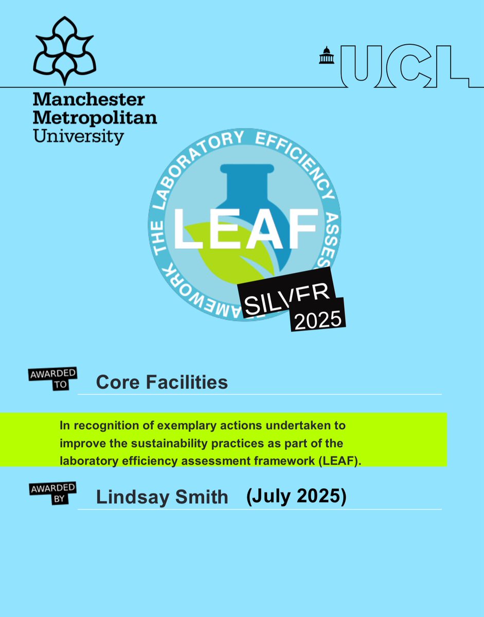MCRMetTech's tweet image. 🎉 Exciting News Alert! 🎉
We are thrilled to share that eight of our laboratories have participated in the LEAF programme, taking significant steps towards advancing sustainability across Manchester Met Technical Services! 🌱✨#Sustainability #LEAF #SilverCertification #teamwork