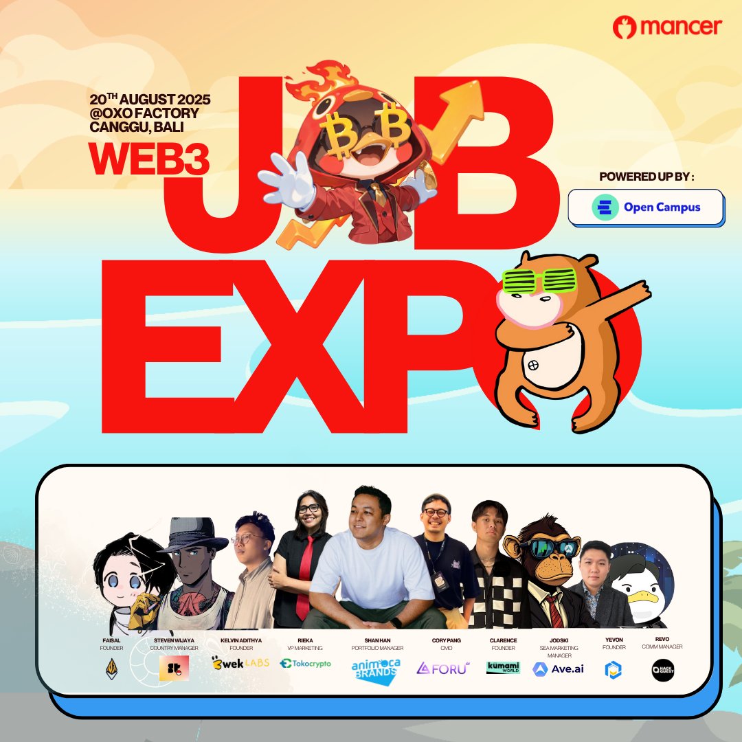 Boss Phii | Mancer.Work | Find Web3 Jobs (@mancerwork) on Twitter photo 🚨 Indonesia’s FIRST #Web3 Job Festival is HERE!
Powered by #Mancer and supported by <a href="/opencampus_xyz/">Open Campus</a> , this is your launchpad into real jobs, real leaders, and real rewards.
📅 20 August 2025 | 9am - 6pm WITA
📍 OXO Factory, Canggu – Bali
🔗 FREE Exclusive Merch for 100 RSVP : 🚨 Indonesia’s FIRST #Web3 Job Festival is HERE!
Powered by #Mancer and supported by <a href="/opencampus_xyz/">Open Campus</a> , this is your launchpad into real jobs, real leaders, and real rewards.
📅 20 August 2025 | 9am - 6pm WITA
📍 OXO Factory, Canggu – Bali
🔗 FREE Exclusive Merch for 100 RSVP :