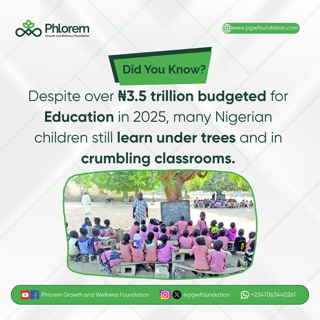 🚨 Over ₦3.5 trillion was budgeted for education in 2025, yet millions of Nigerian children still learn under trees and in broken classrooms. 💔
Where is the accountability? Where is the justice?
#EducationCrisis #Nigeria #PGWFoundation #Budget2025 #ChildrenDeserveBetter #SDG4