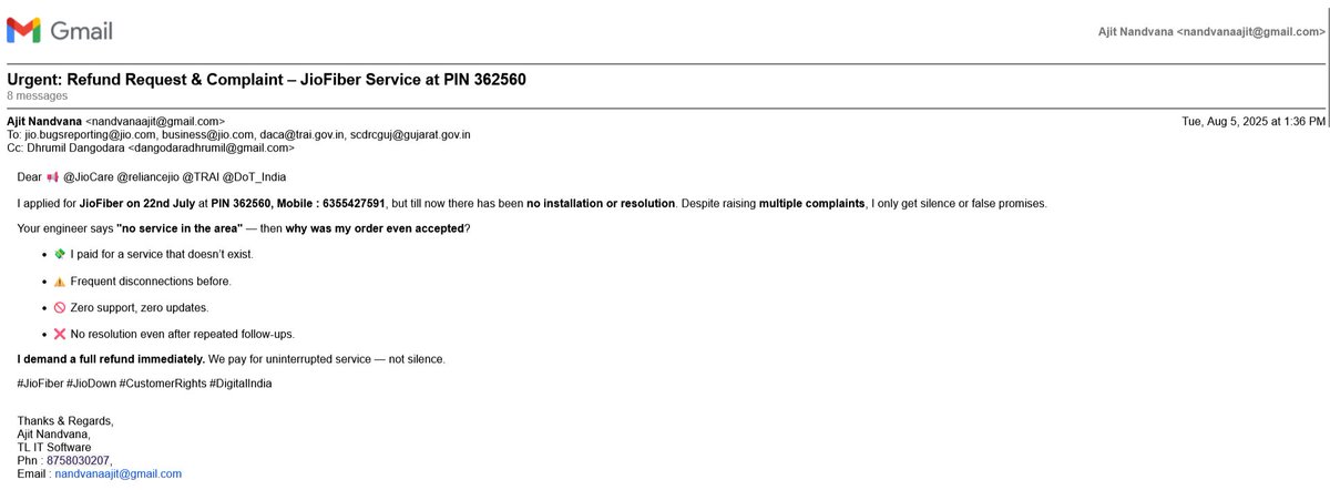 ajitnandvana's tweet image. Appointment was booked for technician visit on 5th Aug at 2 PM, but no one showed up.
Issue still not resolved.
Multiple complaint emails sent — no response, no solution.
Extremely poor service. Please take urgent action.
@JioCare @reliancejio @TRAI @DoT_India @jagograhakjago