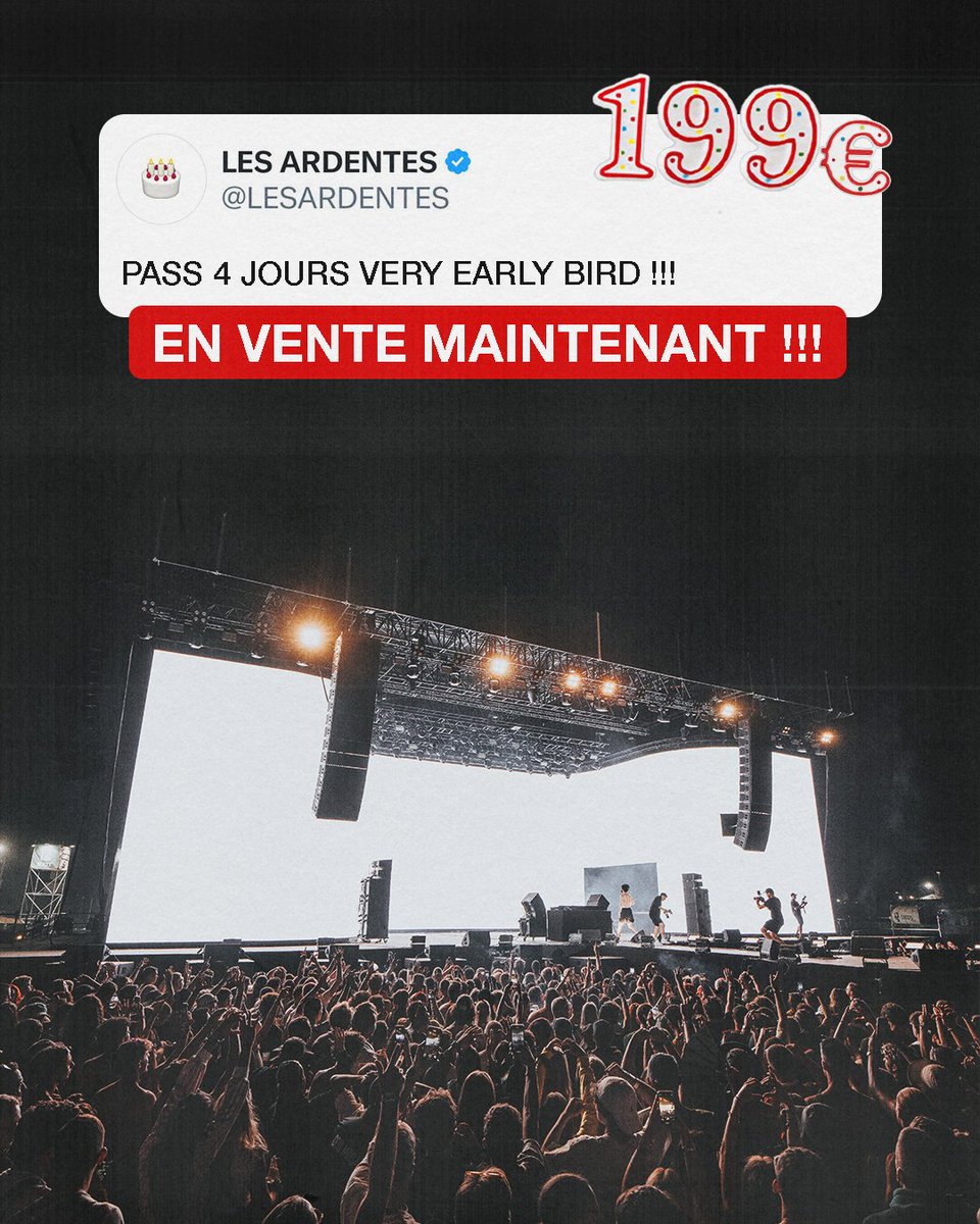 LA BILLETTERIE EST OUVERTE !!

PASS 4 JOURS à 199€ en quantité ultra limitée !!⏳

Rdv ici : sites.weezevent.com/lesardentes-20…