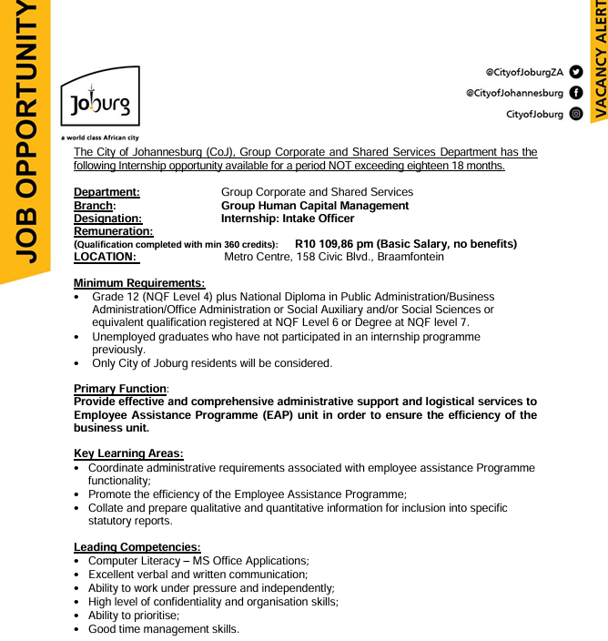 Looking for an internship opportunity in your city? Apply for intake officer internship by 14 August !📆

Apply here: joburg.org.za/work_/Pages/20…

#JohannesburgNotice