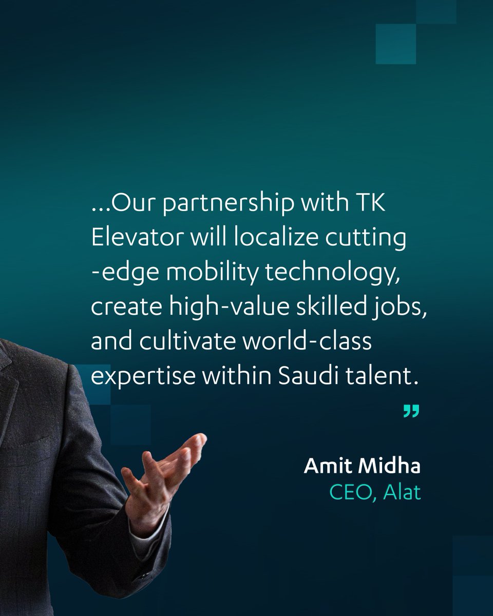 Alat | #TomorrowMadeBetter (@alat_tech) on Twitter photo Alat and <a href="/TKE_Global/">TK Elevator</a> are joining forces to drive Saudi Arabia’s leadership in advanced manufacturing.
This partnership will localize high-value technologies, build local talent, and power smart infrastructure, aligned with Vision 2030.
A key milestone, as shared by our CEO Alat and <a href="/TKE_Global/">TK Elevator</a> are joining forces to drive Saudi Arabia’s leadership in advanced manufacturing.
This partnership will localize high-value technologies, build local talent, and power smart infrastructure, aligned with Vision 2030.
A key milestone, as shared by our CEO