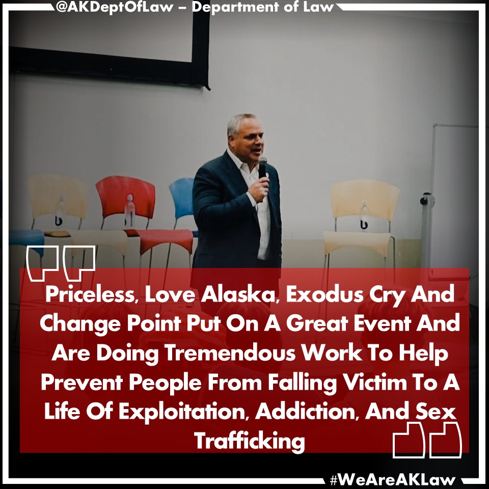 Alaska Attorney General Treg Taylor (@akag_tregtaylor) on Twitter photo Thank you for the opportunity to discuss human trafficking in Alaska. <a href="/PricelessAlaska/">Priceless</a> , <a href="/LoveAlaska2014/">Love Alaska</a> , <a href="/ExodusCry/">Exodus Cry</a> and <a href="/ChangePointAK/">ChangePoint Alaska</a> put on a great event and are doing tremendous work to help prevent people from falling victim to a life of exploitation, addiction, and sex Thank you for the opportunity to discuss human trafficking in Alaska. <a href="/PricelessAlaska/">Priceless</a> , <a href="/LoveAlaska2014/">Love Alaska</a> , <a href="/ExodusCry/">Exodus Cry</a> and <a href="/ChangePointAK/">ChangePoint Alaska</a> put on a great event and are doing tremendous work to help prevent people from falling victim to a life of exploitation, addiction, and sex