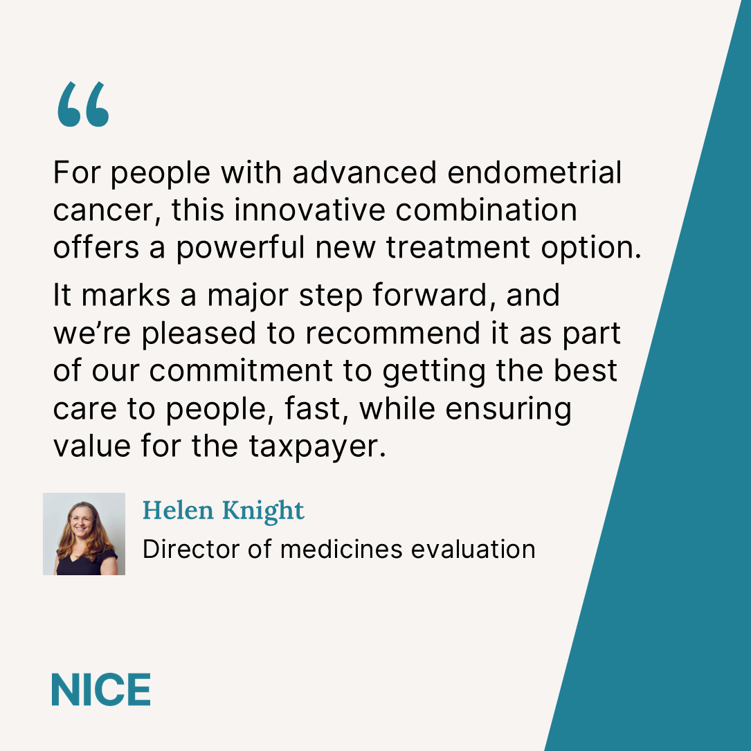 NICE has recommended pembrolizumab in combination with chemotherapy for endometrial cancer.

It’s the first-time immunotherapy has been combined with chemotherapy for all patients with advanced or recurrent endometrial cancer.

Learn more: nice.org.uk/news/articles/…