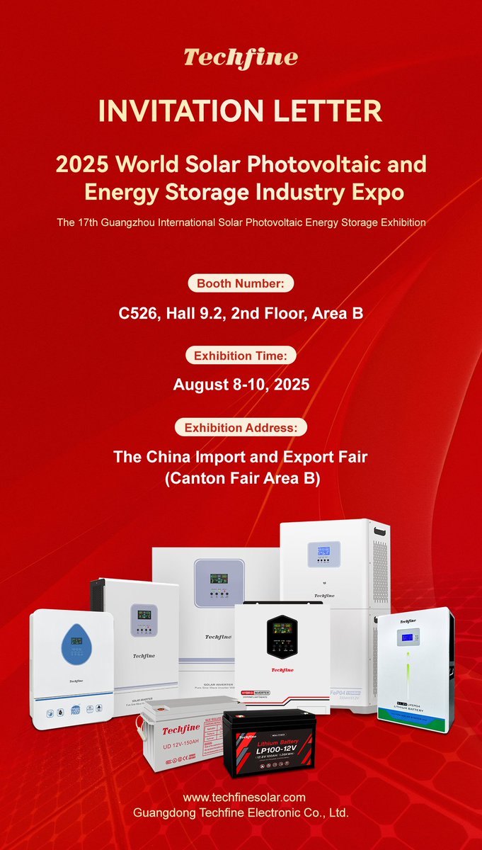 techfinepv's tweet image. Techfine at #PVExpo2025
📍 Booth C526
📅 Aug 8–10, 2025
🏢 Guangzhou, China
Featuring: 
• Hybrid Inverters 
• Scalable Li-ion Storage
• OEM/ODM Services
Scan. Demo. Connect. Get samples.
👉 techfinepv.com
#SolarEnergy #EnergyStorage #CleanTech #SolarInverter #OEMSolar