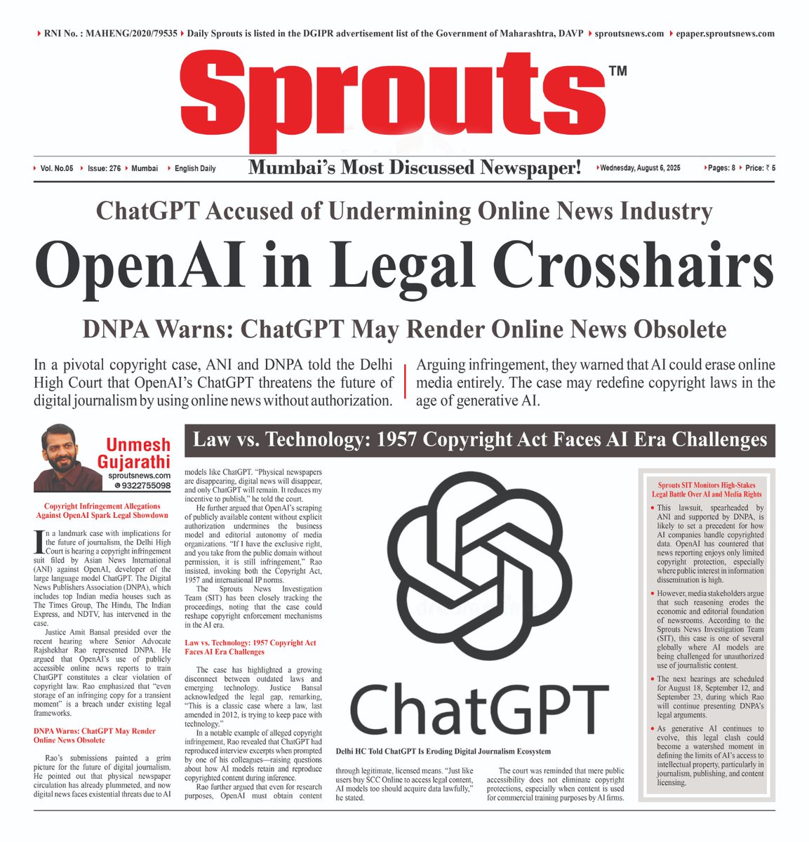 Sprouts News (@sproutsnews) on Twitter photo OpenAI in Legal Crosshairs
📰 Full Report: sproutsnews.com/openai-in-lega…
#AIvsMedia #ChatGPT #CopyrightInfringement #OpenAI #DigitalNews #DelhiHighCourt #DNPA #ANI #MediaRights #SproutsNews
<a href="/ANI/">ANI</a> <a href="/OpenAI/">OpenAI</a> <a href="/GoI_MeitY/">Ministry of Electronics & IT</a> <a href="/MIB_India/">Ministry of Information and Broadcasting</a> <a href="/IndiaToday/">IndiaToday</a> <a href="/timesofindia/">The Times Of India</a> <a href="/ndtv/">NDTV</a>
<a href="/OpenAIDevs/">OpenAI Developers</a> OpenAI in Legal Crosshairs
📰 Full Report: sproutsnews.com/openai-in-lega…
#AIvsMedia #ChatGPT #CopyrightInfringement #OpenAI #DigitalNews #DelhiHighCourt #DNPA #ANI #MediaRights #SproutsNews
<a href="/ANI/">ANI</a> <a href="/OpenAI/">OpenAI</a> <a href="/GoI_MeitY/">Ministry of Electronics & IT</a> <a href="/MIB_India/">Ministry of Information and Broadcasting</a> <a href="/IndiaToday/">IndiaToday</a> <a href="/timesofindia/">The Times Of India</a> <a href="/ndtv/">NDTV</a>
<a href="/OpenAIDevs/">OpenAI Developers</a>