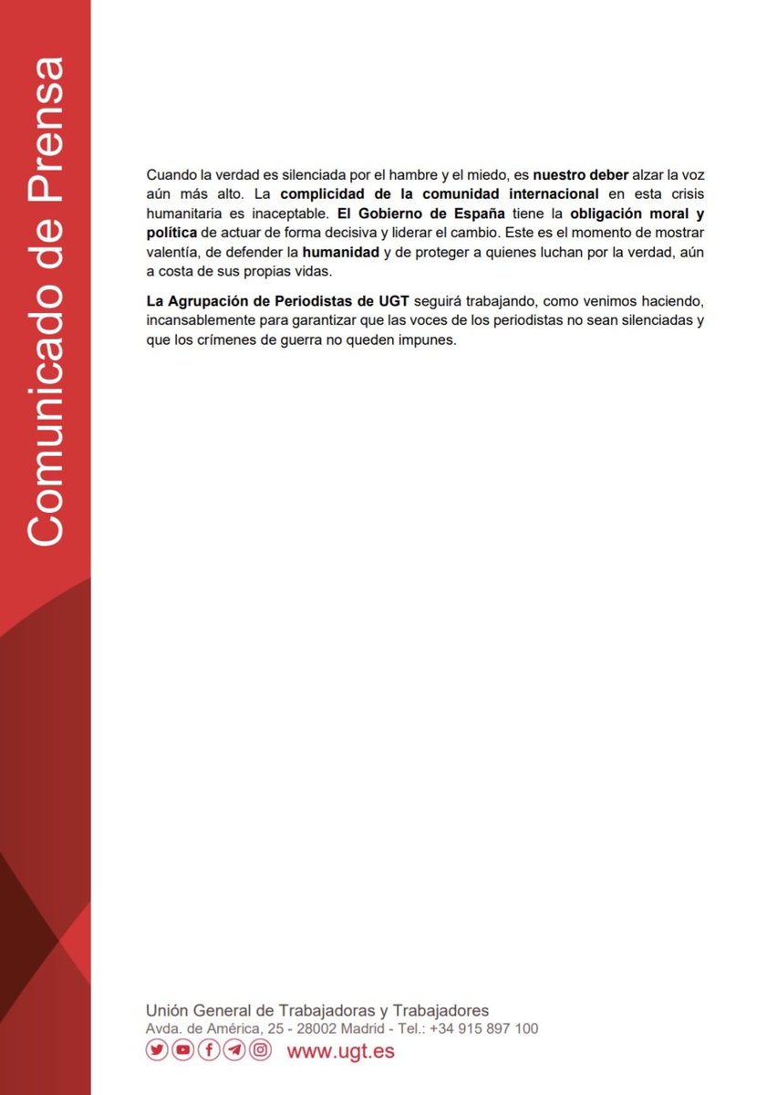 Desde la  <a href="/AgrupacionUgt/">Agrupación de Periodistas de UGT</a> nos dirigimos al presidente <a href="/sanchezcastejon/">Pedro Sánchez</a> en un momento de gravedad extrema al ser testigos de una de las catástrofes humanitarias más devastadoras de la historia y  expresamos nuestra. solidaridad con la población civil de Gaza
Abro hilo
👇