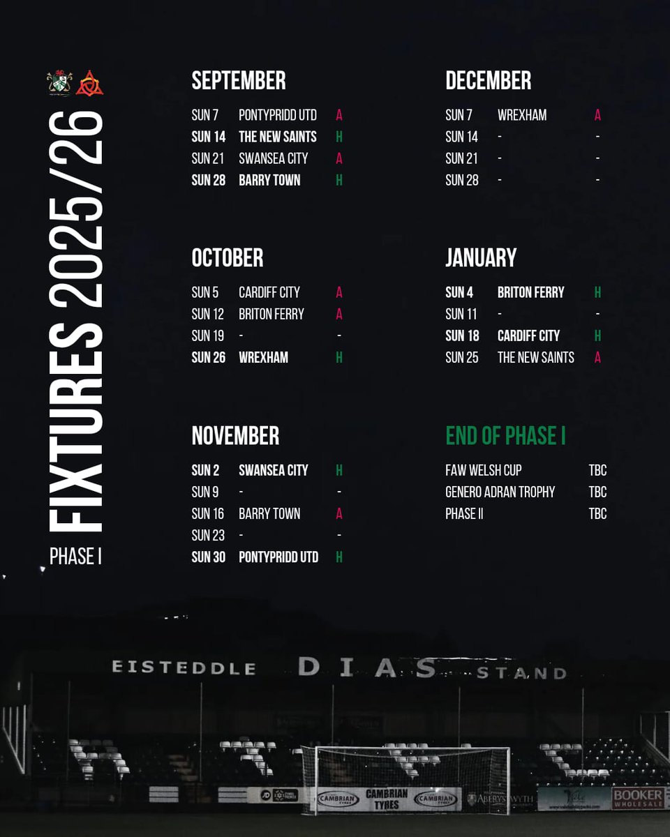 📅 The 2025/26 fixtures are here!

We open our Genero Adran Premier campaign away at newly promoted Pontypridd United before welcoming The New Saints to Park Avenue. 

#AberFelUn | #AberAsOne