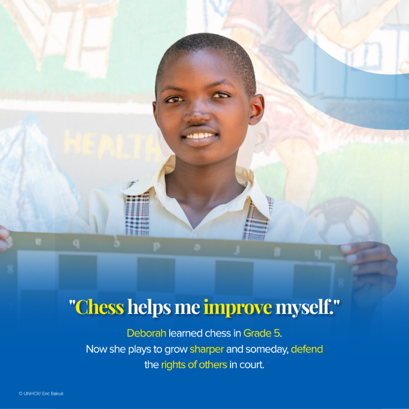 UNHCR_Kenya's tweet photo. One board.
Thirty-two pieces.
Endless possibilities.

In Kakuma, young refugee girls are using chess to shape their futures - one bold move at a time. ♟️