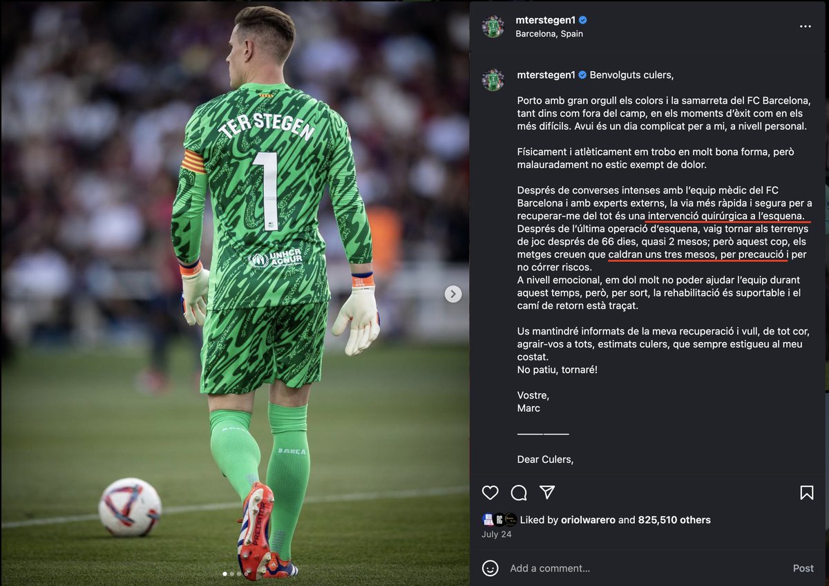 Ter Stegen no firma el informe médico por "derecho a la privacidad", totalmente legitimo.
Pero hace unos días, para subir su comunicado a Instagram, la privacidad y protección de datos le daban igual y puso lesión y tiempo de baja por su propia cuenta.