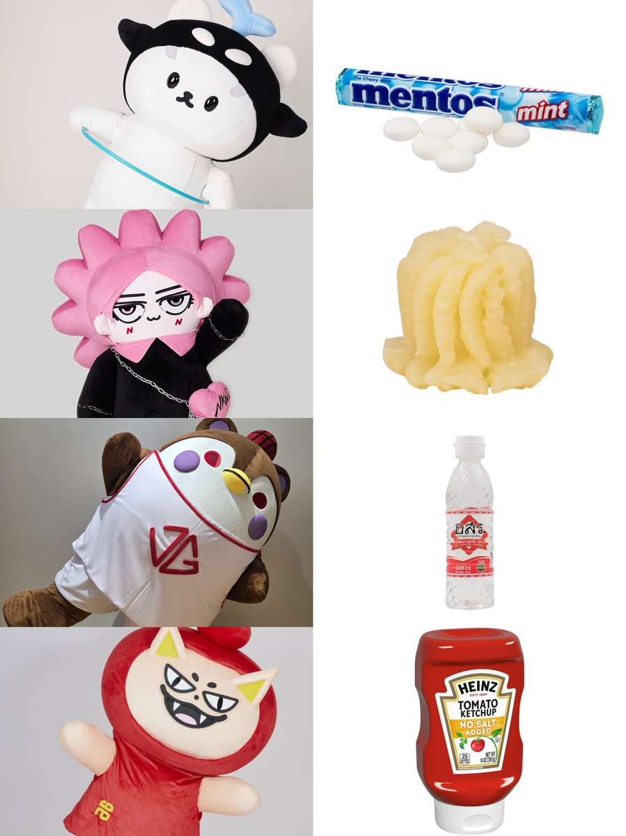 ยัยซัง - เมนทอส
นีโอน่า - แมงกะพรุนหัวกระสุน
กวินซ์ลี่ - น้ำส้มสายชูอสร.
โทมะฟอกซ์ - ขวดซอสมะเขือเทศ

เหมือนทุกตัว ช่วยด้วย 555555555555555555