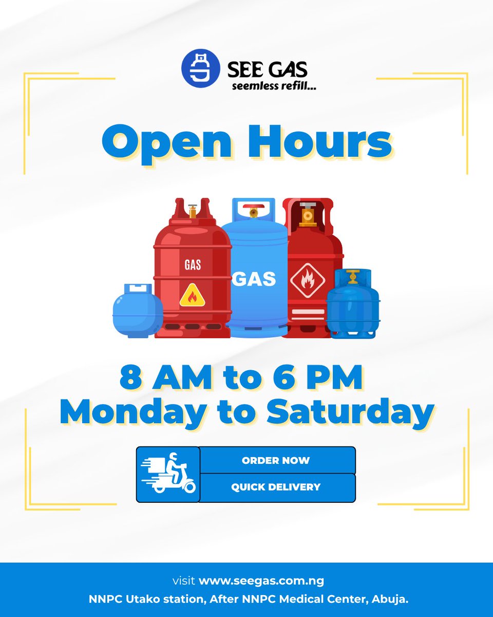 SeeGasng's tweet image. Notice: Our Opening Hours &amp;amp; Quick Delivery! 
Order now for quick, reliable delivery and keep your ovens fired up!
Visit us at NNPC Utako station, after NNPC Medical Center, Abuja.
#SeeGas #GasDelivery #OpenHours #QuickService #ReliableGas #Abuja