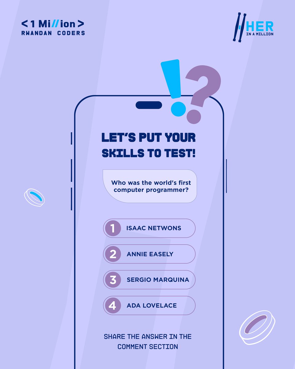 1 Million Rwandan Coders (@1mrwandancoders) on Twitter photo Wait.... you know how to code, but do you know who invented it?
Think you know, or can you take a guess?
Drop the name in the comments😌
No cheating.... we’re watching👀
#GirlsInTech #DigitalTransformation #HerInAMillion #1MRC
<a href="/ILOAfrica/">ILO Africa</a> Wait.... you know how to code, but do you know who invented it?
Think you know, or can you take a guess?
Drop the name in the comments😌
No cheating.... we’re watching👀
#GirlsInTech #DigitalTransformation #HerInAMillion #1MRC
<a href="/ILOAfrica/">ILO Africa</a>
