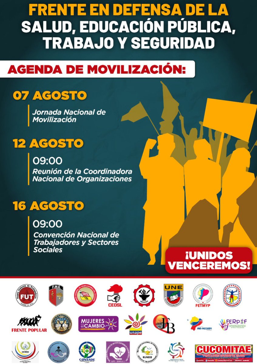 🚩 #MovilizacionNacional  #Convocatoria 
Todos a las Calles 
Por Salud, Educación Pública, Trabajo Digno y Seguridad 

🚩 ⏰ Hora: 16:00 pm

🚩 🗓️ Fecha: jueves 7 de agosto 2025

🚩 🏛️ Dónde: Caja del Seguro IESS  (Calles Av.10 de agosto y Bogotá) 📢.