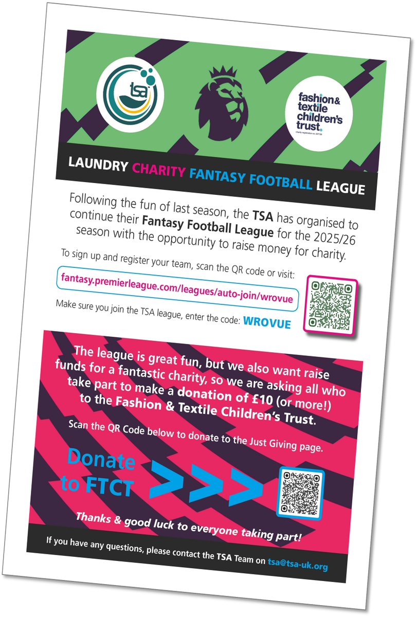 TSA (@textileservices) on Twitter photo TSA Fantasy Football League - Raising money for Fashion & Textile Children's Trust <a href="/FTCT/">Fashion & Textile Children's Trust</a>
Starting 15th August 2025. Information has been sent to TSA members via email. If you have any queries, please get in touch
#textileservices #laundry #hospitality #healthcare #workwear TSA Fantasy Football League - Raising money for Fashion & Textile Children's Trust <a href="/FTCT/">Fashion & Textile Children's Trust</a>
Starting 15th August 2025. Information has been sent to TSA members via email. If you have any queries, please get in touch
#textileservices #laundry #hospitality #healthcare #workwear
