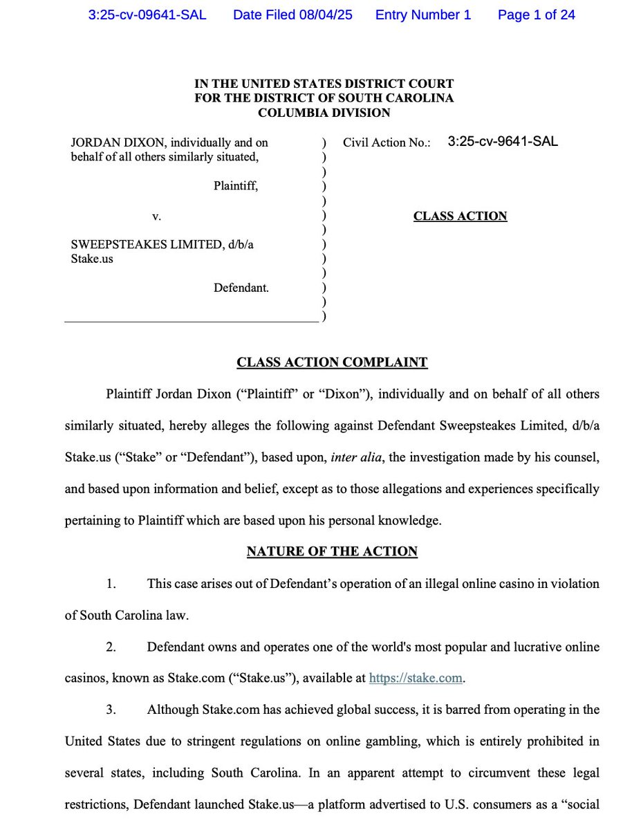 Sweepstakes casino litigation update:

There are now 52 civil lawsuits pending against online sweepstakes casinos.

The latest was filed against Stake.US in South Carolina federal court. 

Stake.US is now a defendant in 4 lawsuits.

Excerpts from the