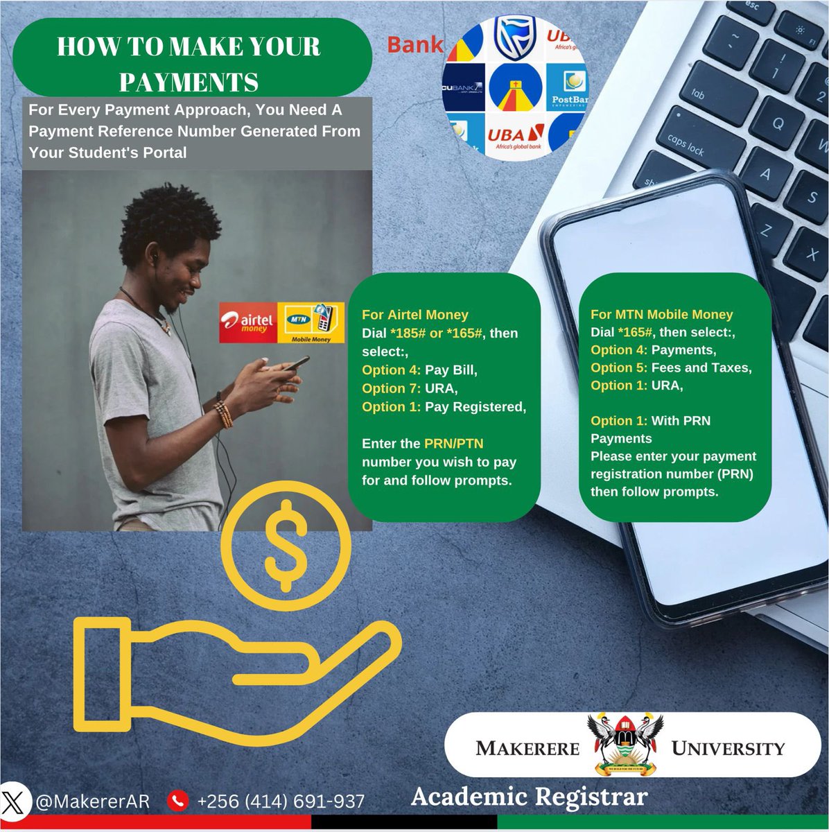 Directorate For ICT Support - Makerere University (@dictsmakerere) on Twitter photo #PRNServiceRestored
To the <a href="/Makerere/">Makerere University</a> community.
The PRN generation service has been restored.
Proceed and generate PRN to make your tuition payments at the bank or via mobile money preferably MTN.
- End User Support #PRNServiceRestored
To the <a href="/Makerere/">Makerere University</a> community.
The PRN generation service has been restored.
Proceed and generate PRN to make your tuition payments at the bank or via mobile money preferably MTN.
- End User Support