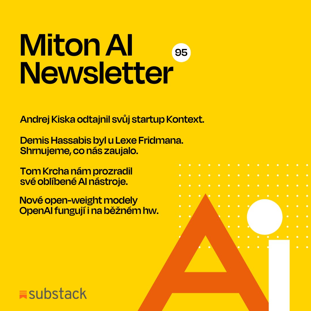 Dnešní vydání našeho AI newsletteru příjemně míchá světové a české AI dění. 
Na odtajněný startup <a href="/kiskandrej/">Andrej Kiska</a> už jste nejspíš narazili, máme toho ale daleko víc, třeba mini rozhovor s <a href="/tomkrcha/">Tom Krcha</a>.
🔗mitonai.nl
