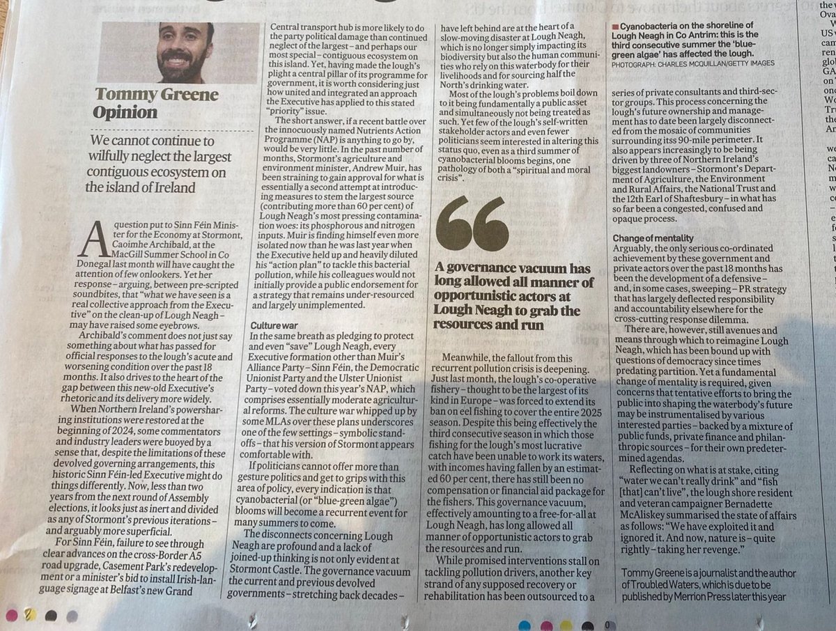 Tommy Greene (@tommy___greene) on Twitter photo Most of Lough Neagh's problems boil doing it fundamentally being a public asset and, at the same time, not being treated as such.
Stormont's shallow gesture politics - and magical thinking around the lough's predicament, more widely - is serving it poorly.
Me in <a href="/IrishTimesOpEd/">Irish Times Opinion</a> Most of Lough Neagh's problems boil doing it fundamentally being a public asset and, at the same time, not being treated as such.
Stormont's shallow gesture politics - and magical thinking around the lough's predicament, more widely - is serving it poorly.
Me in <a href="/IrishTimesOpEd/">Irish Times Opinion</a>