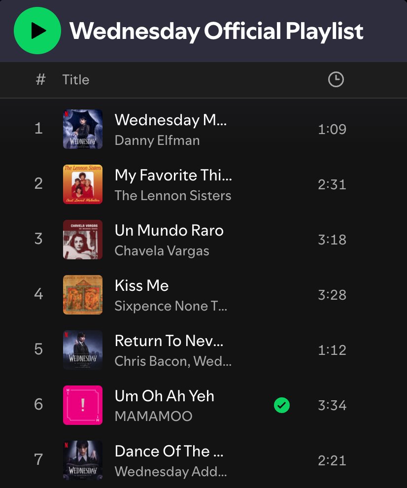 250806 MAMAMOO's "Um Oh Ah Yeh" on Spotify Wednesday Official Playlist 

🔗 open.spotify.com/playlist/37i9d…

#WednesdaySeason2 
#SOLAR #솔라 #MOONBYUL #문별 #WHEEIN #휘인 #HWASA #화사 #MAMAMOO #마마무
