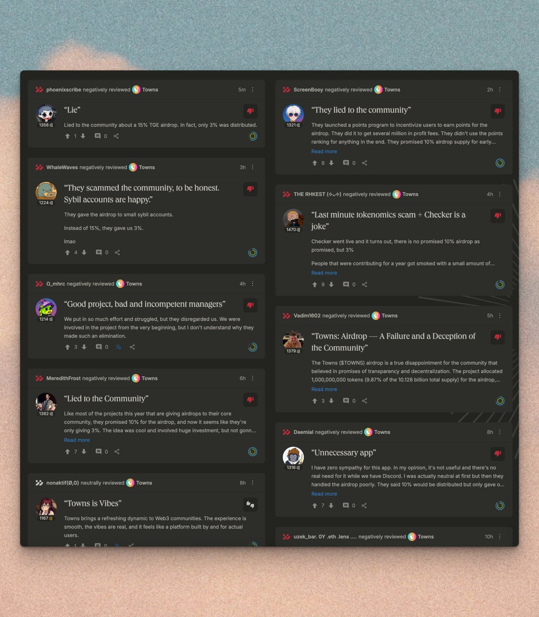 krajekis's tweet photo. 🌅 GM folks, the full $TOWNS scam story

Yesterday I started raising concerns about the $TOWNS airdrop and the team's shady moves. 
Let’s break it all down.

1. 
It began with my post where I explained how I contributed to Towns for a whole year and got completely screwed on distribution by the team.
https://t.co/wcbdlsGFTd

2.
I left a negative review on @ethos_network calling out @coinbilly with truth.
https://t.co/KVWRoXHTRw

3. 
The founder of @ethos_network  noticed the wave of negative feedback and started digging into what really happened.
https://t.co/ZmMbxOmEHq
Massive respect to @serpinxbt for that. Real justice seeker.
Thanks to Ethos mechanics, now we can tag scammers - super useful in this meta where shady teams run free.

4.
I shared my thoughts on the all scam moments that i saw clearly:
 https://t.co/Uur2o8izhZ

5.
Then Billy called me a "proven farmer"
https://t.co/76XvGg1VkU
And started making excuses about how I created 43 towns and "farmed" the protocol
https://t.co/3DAFzFblls
But weren't you guys farming fees from me and the rest of the community? Lmao.

6.
We found proof that Billy lied about the TGE airdrop percentages
https://t.co/V2u7goXHue
Then the clowns proudly posted about giving out a huge chunk to NFT partners.

7.
Man @serpinxbt roasted them for how pathetic it was:
https://t.co/RBTSDJGAgY

I’m honestly shocked by @townsapp.
They announced snapshots just to farm extra fees.
They lied about user allocation at TGE.
They cut the user airdrop from 10 percent to 3 percent so they could dump their bags faster on Binance.
They scammed core contributors like me - someone who was here from day one, pushing Towns to my community, helping build their metrics and generate fees for the protocol.

And now they have the audacity to call me a "proven farmer"?
I’m not just going to sit back and stay quiet.
This can’t be real. 

How are they this brain-dead?