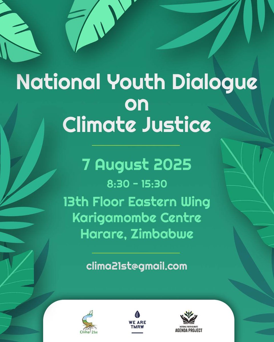 🌍 The climate crisis is here, and nobody has more at stake than youth.

Join <a href="/clima21st/">Clima21st</a> tomorrow in Harare for a vital dialogue on #Youth &amp; #ClimateJustice.

Ahead of #COP30 in Brazil, let’s ensure young people shape the decisions that shape their future.✊

🔗 Register now: