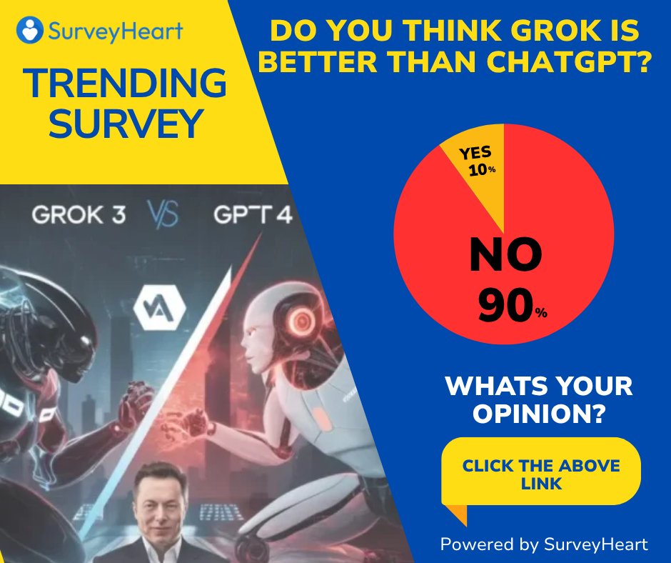 surveyheartapp's tweet image. Do you think Grok can outsmart ChatGPT?
surveyheart.com/form/summary/6…
Cast your vote &amp;amp; share your bold prediction!
Vote now &amp;amp; drop your prediction!
#GrokVsChatGPT #SurveyHeart #TechDebate #AIShowdown