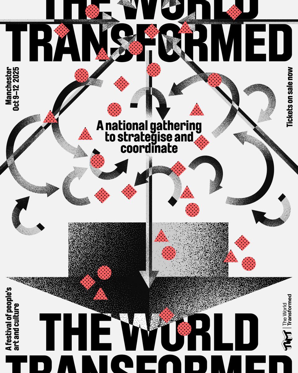 Tickets for the World Transformed 2025 are now live 🚩 

Join the movement in Hulme, Manchester from October 9-12 for a critical national gathering for left strategy and coordination. 

Grab your ticket today: bit.ly/twt25tix