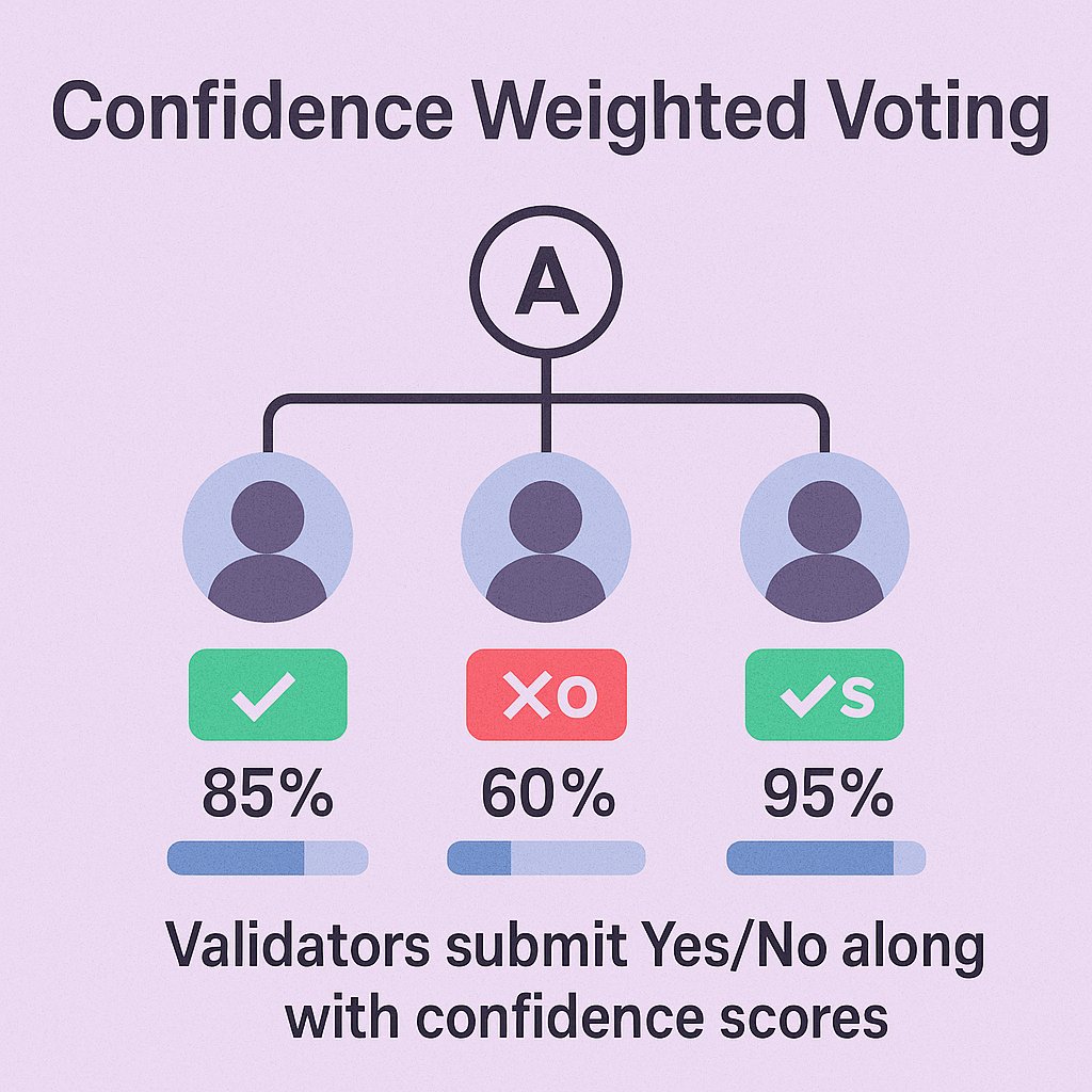 Sly Odogwu (@sylvestersolid) on Twitter photo Confidence Weighted Voting
<a href="/Mira_Network/">Mira (3/3)</a> enhances its consensus by introducing what's known as
Confidence Weighted Voting.
Where Validators not just submit Yes/No
But they also submit confidence score reflecting how certain they are about their decision
Each Validators Confidence Weighted Voting
<a href="/Mira_Network/">Mira (3/3)</a> enhances its consensus by introducing what's known as
Confidence Weighted Voting.
Where Validators not just submit Yes/No
But they also submit confidence score reflecting how certain they are about their decision
Each Validators