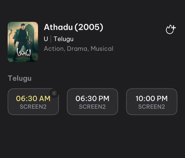 Two Extra Shows (6.30pm and 10.00pm) Added at #InnovativeMultiplex, Marathahalli Bengaluru 🎭

Celebrate Superstar Mahesh Babu’s Birthday in Style with the Iconic #Athadu4K on the Big Screen this 9th August.

Book Your Tickets Now and Be Part of the Celebration🍿

<a href="/Athadu4K/">Athadu4K</a>