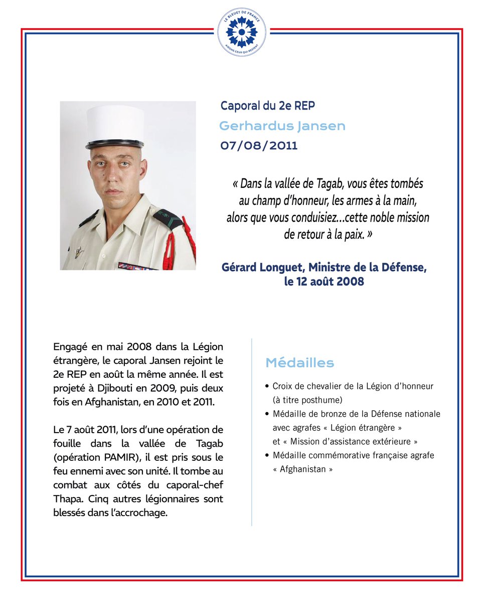 [In Memoriam]

Cette semaine, rappelons-nous de ceux qui sont tombés pour les couleurs de notre nation, en honorant la mémoire de quatre des nôtres morts pour la France :
🕊️ Major Franck Bouzet – <a href="/13eBCA/">13e Bataillon de chasseurs alpins</a>
🕊️ Caporal-chef Anthony Bodin – <a href="/3eRIMaVannes/">3e régiment d’infanterie de marine</a>
🕊️ Caporal-chef Kisan Thapa –