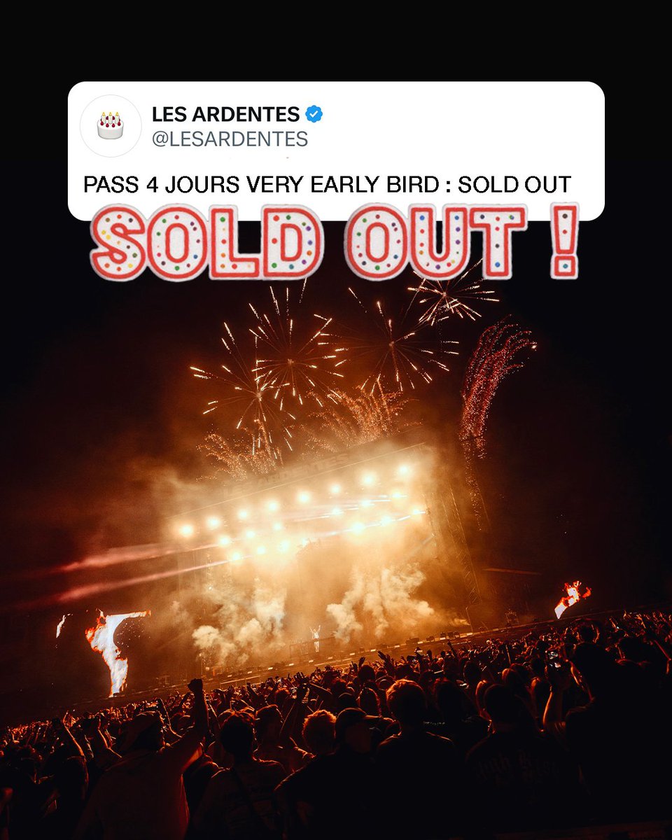 TICKETS VERY EARLY BIRD : SOLD OUT. VOUS ÊTES TROP VIFS. 

🎟️ CE VENDREDI À 9H, MISE EN VENTE DE NOUVEAUX TICKETS au tarif EARLY BIRD.  EN QUANTITÉ ULTRA LIMITÉE!!!!!!