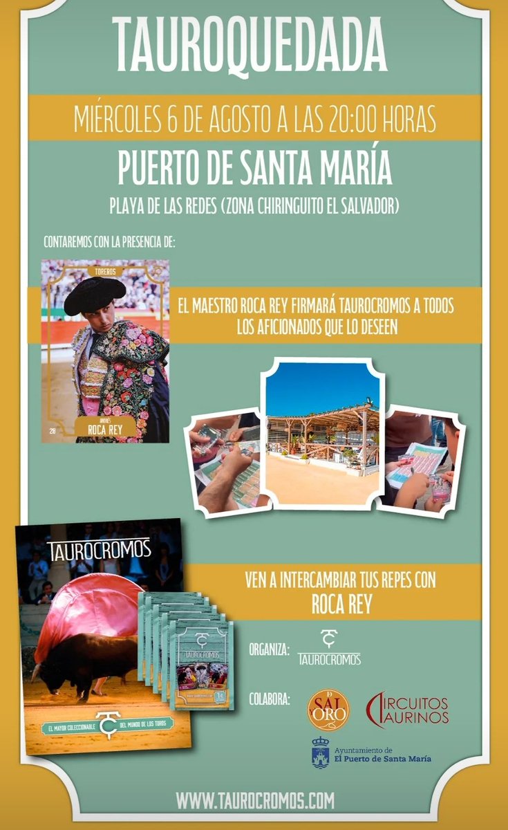 🏖️ | Esta tarde, en el Puerto de Santa María (Cádiz) por el Chiringuito el Salvador zona de la Playa de las Redes, estará <a href="/RocaRey/">Andrés Roca Rey</a> firmando los famosos TauroCromos a las ⏰ 20:00h 

¡No te lo pierdas! 🔥