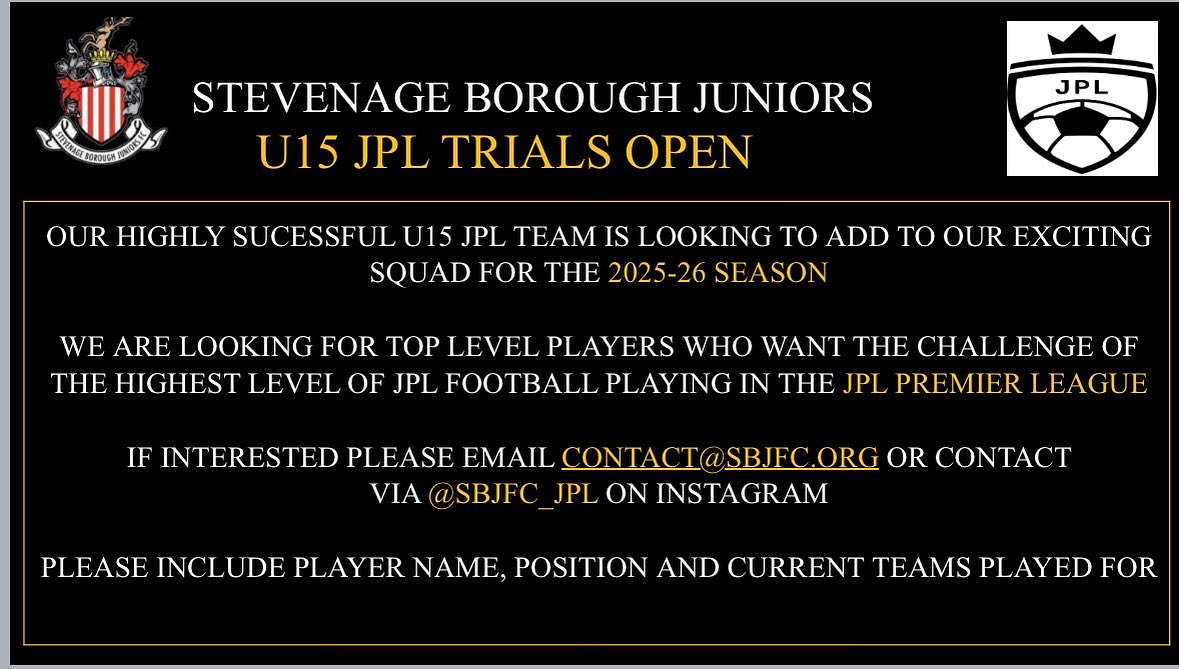 Our fantastic U15 team are looking to add players. Would you like to be a part of the best club in Stevenage? Come and join us!! #wearestevenageborojuniors <a href="/HertfordshireFA/">Hertfordshire FA</a> <a href="/midhertsrml/">MHL</a>