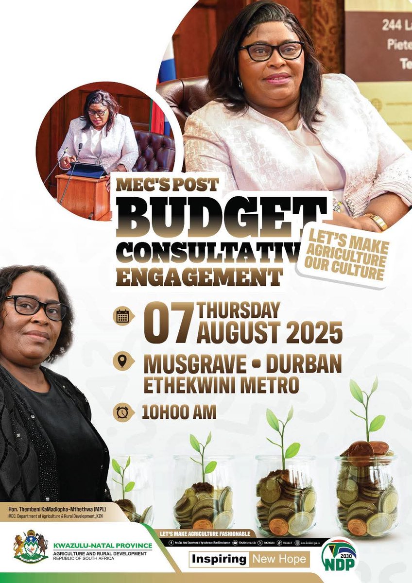 Following the tabling of the KZNDARD'S budget policy statement at the KZN Legislature, KZNDARD MEC KaMadlopha-Mthethwa has invited agricultural stakeholders to engage in further discussions with industry experts and members of the media.